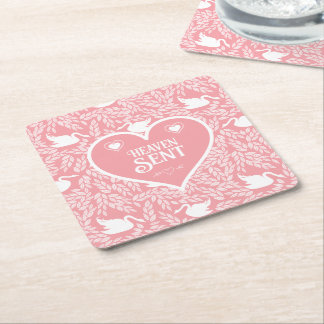 Pink and White Swan Pattern for Baby Shower Square Paper Coaster