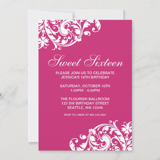 Pink and White Swirl Flourish Sweet 16 Birthday Invitation (Front)