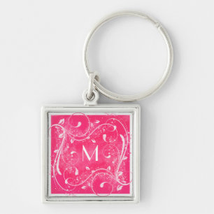 Pink and White Swirls Monogram Keychain