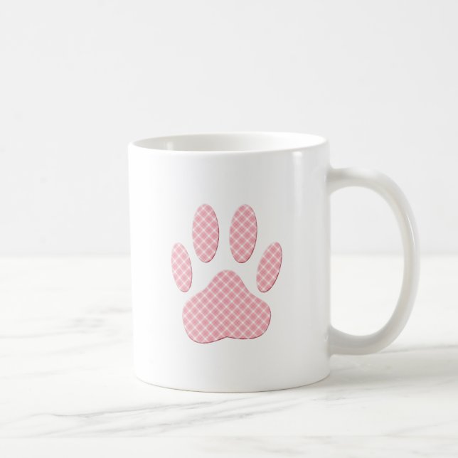 Pink And White Tartan Dog Paw Print Coffee Mug (Right)