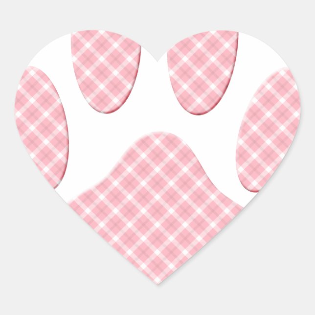 Pink And White Tartan Dog Paw Print Heart Sticker (Front)