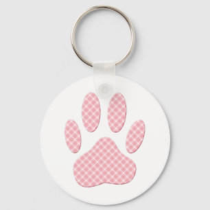 Pink And White Tartan Dog Paw Print Key Ring