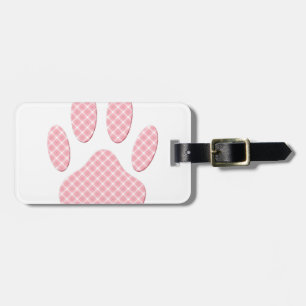 Pink And White Tartan Dog Paw Print Luggage Tag