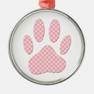 Pink And White Tartan Dog Paw Print Metal Tree Decoration