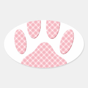 Pink And White Tartan Dog Paw Print Oval Sticker