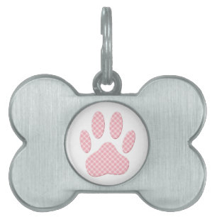 Pink And White Tartan Dog Paw Print Pet Name Tag