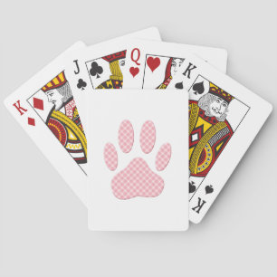 Pink And White Tartan Dog Paw Print Playing Cards