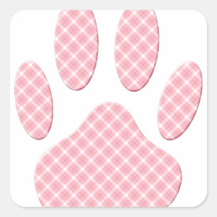 Pink And White Tartan Dog Paw Print Square Sticker