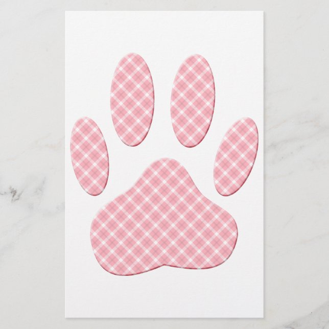 Pink And White Tartan Dog Paw Print Stationery (Front)