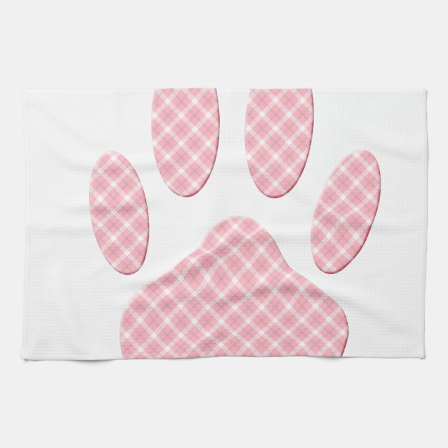 Pink And White Tartan Dog Paw Print Tea Towel (Horizontal)