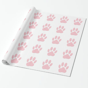 Pink And White Tartan Dog Paw Print Wrapping Paper
