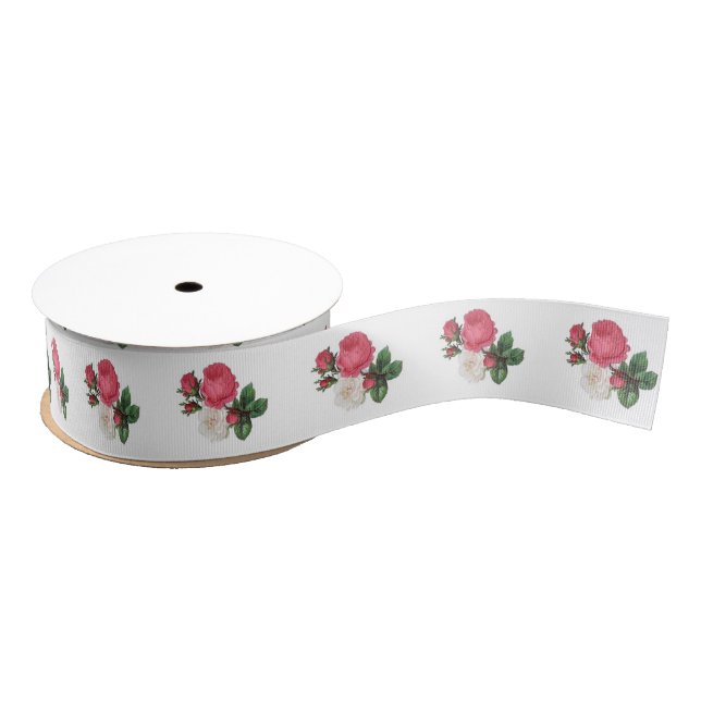 Pink and White Tea Roses Grosgrain Ribbon 1.5" (Spool)