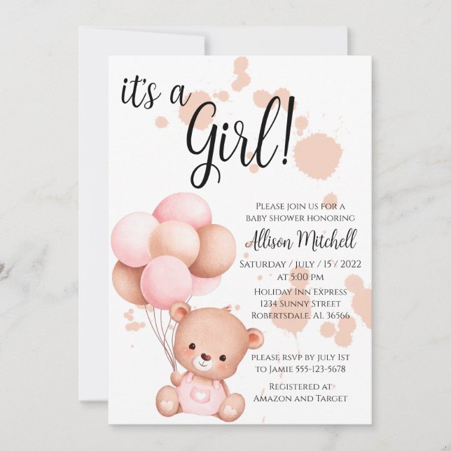 Pink and White Teddy Bear Baby Shower Invitation (Front)