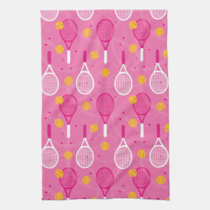 Pink and white tennis racket pattern  tea towel
