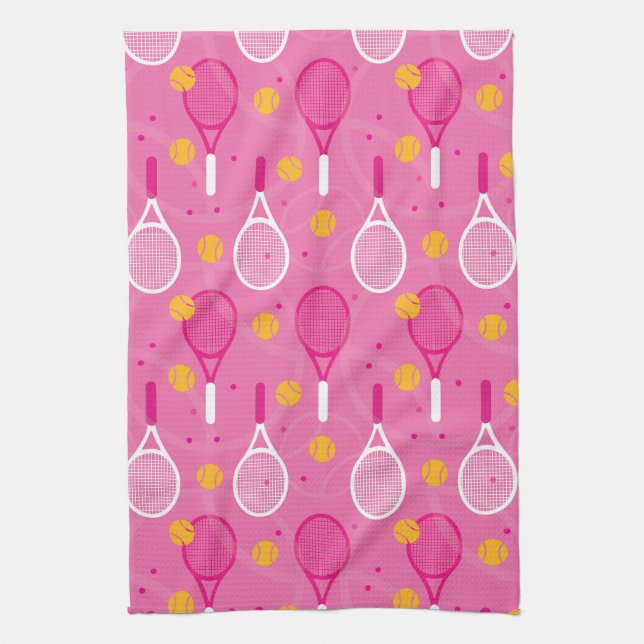 Pink and white tennis racket pattern  tea towel (Vertical)