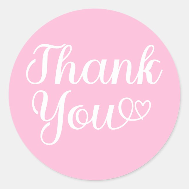 Pink and White Thank You Heart Word Art Classic Round Sticker (Front)