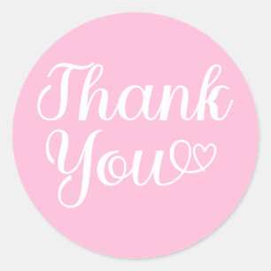 Pink and White Thank You Heart Word Art Classic Round Sticker