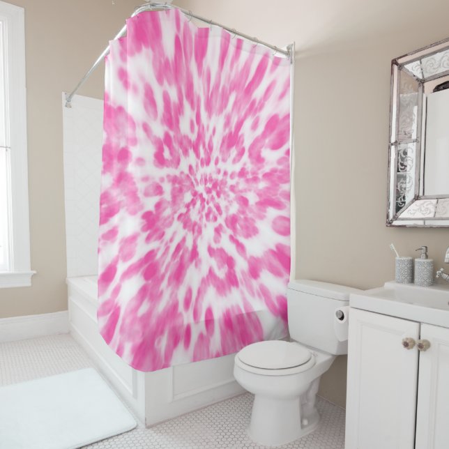 pink and white tie-dyed  shower curtain (In Situ)