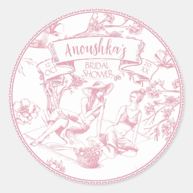 Pink and White Toile de Jouy Bridal Shower Classic Round Sticker (Front)