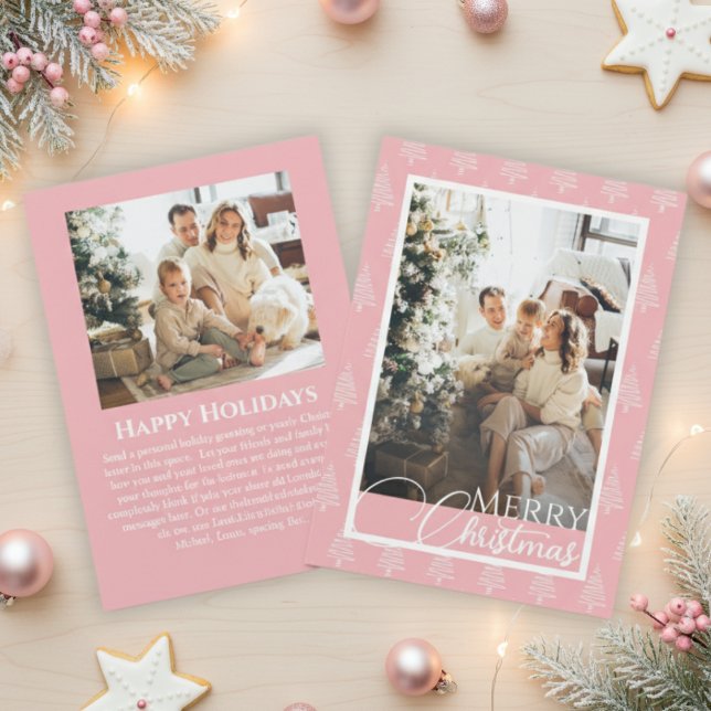 Pink And White Tree Pattern Photo Christmas Holiday Card (Pink And White Tree Pattern Photo Christmas Holiday Card)
