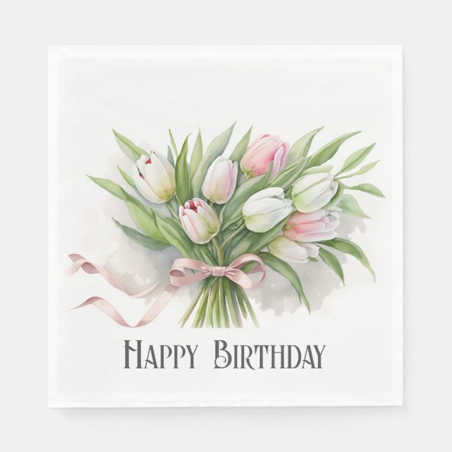 Pink and White Tulip Birthday Bouquet Napkin (Front)