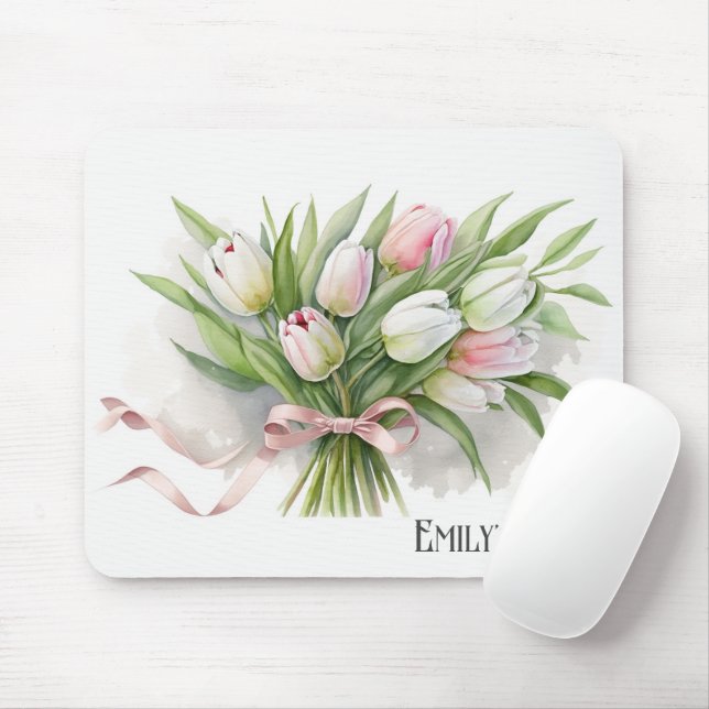 Pink and White Tulip Bouquet Mouse Mat (With Mouse)