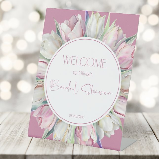 Pink and white tulips Bridal shower Welcome Pedestal Sign (Creator Uploaded)