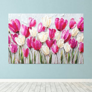 Pink and White Tulips with Green Leaves – Abstract Canvas Print