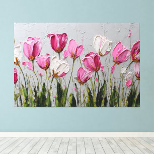 Pink and White Tulips with Green Stems – Abstract Canvas Print