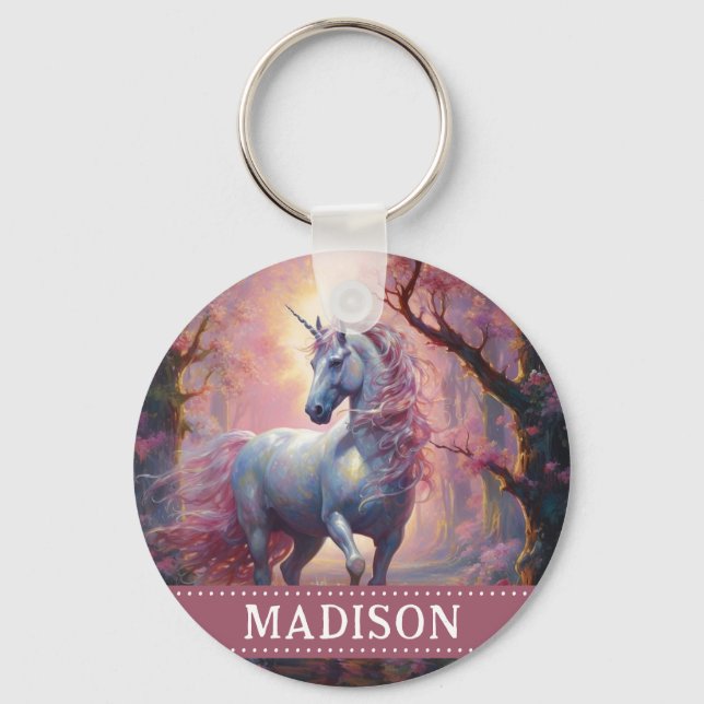 Pink and White Unicorn Keychain with Custom Name (Front)
