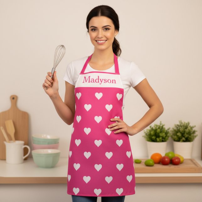 Pink and White Valentine Hearts Custom Apron (Pink and White Valentine Hearts Custom Apron - Just add your name!)