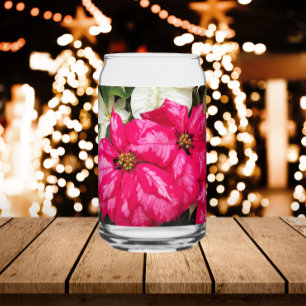 Pink and White Variegated Poinsettias Holiday Can Glass