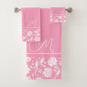 Pink and white vintage damasks monogram 2 bath tow towel set