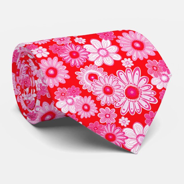 Pink And White Vintage Flower Vibes Tie (Rolled)