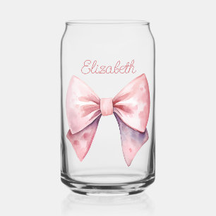 Pink and White Watercolor Bow Personalized Can Glass