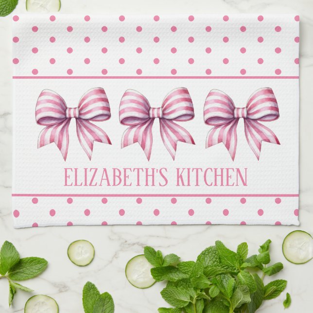 Pink and White Watercolor Bows Personalised Tea Towel (Folded)