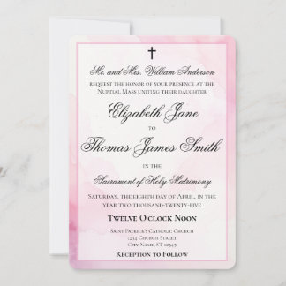Pink and White Watercolor Catholic Wedding Invitation