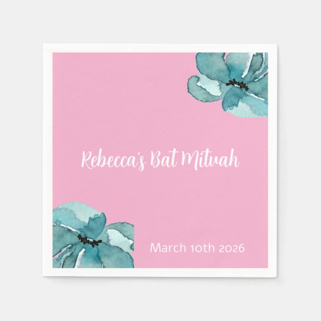 Pink and White Watercolor Floral Bat Mitzvah Napkin (Front)