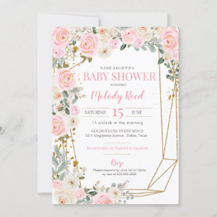 Pink and White Watercolor Flowers Girl Baby Shower Invitation