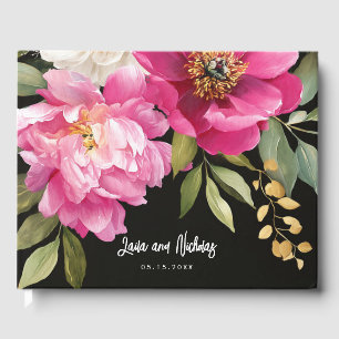 Pink and White Watercolor Peony Floral Wedding Guest Book