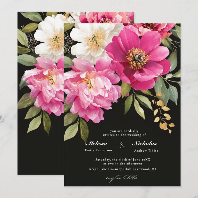 Pink and White Watercolor Peony Floral Wedding Invitation (Front/Back)
