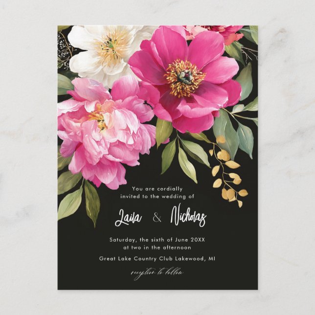 Pink and White Watercolor Peony Floral Wedding Postcard (Front)