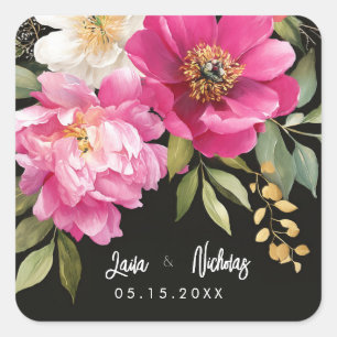 Pink and White Watercolor Peony Floral Wedding Square Sticker