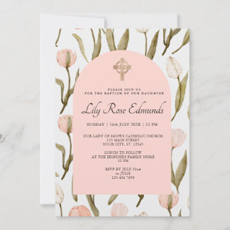 Pink and White Watercolor Tulips Baptism Invitatio Invitation