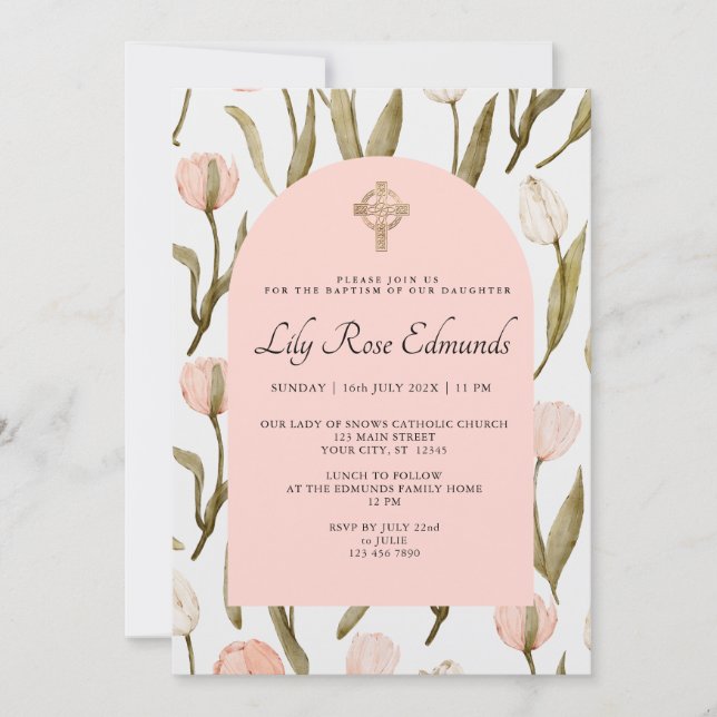 Pink and White Watercolor Tulips Baptism Invitatio Invitation (Front)