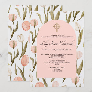 Pink and White Watercolor Tulips Baptism Invitatio Invitation