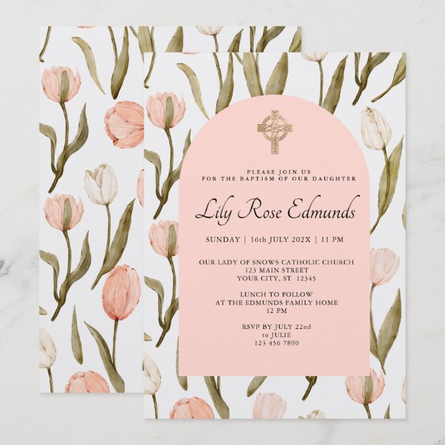 Pink and White Watercolor Tulips Baptism Invitatio Invitation (Front/Back)