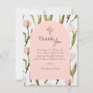 Pink and White Watercolor Tulips Baptism Thank You Card