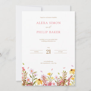 Pink and White Watercolor Wildflower Wedding Invitation