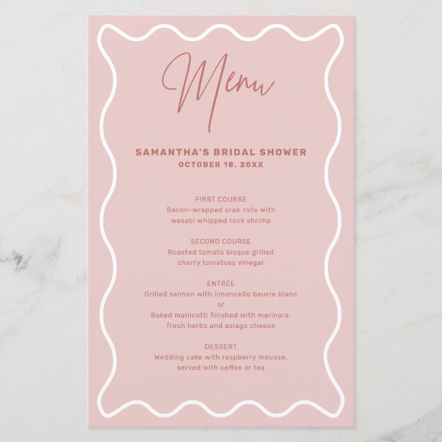 Pink and White Wavy Border menu card with name (Front)